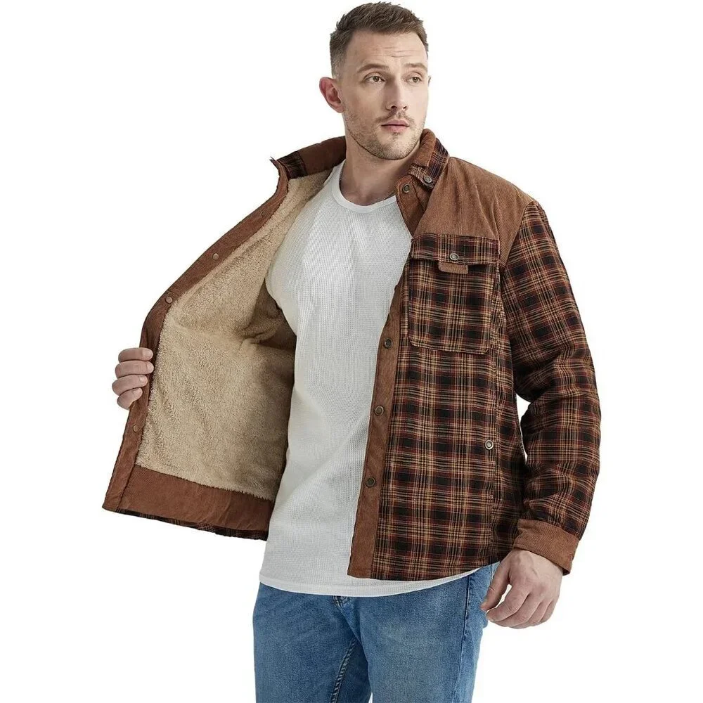 Men's Red Coffee Long Sleeve Sherpa Lined Flannel Shirt Jacket Fleeces